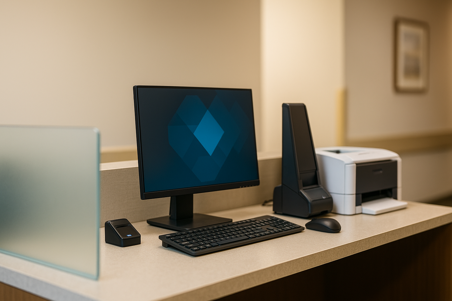 Cybersecurity Services Georgetown KY — clinic reception counter with desktop, scanner, and printer hardware