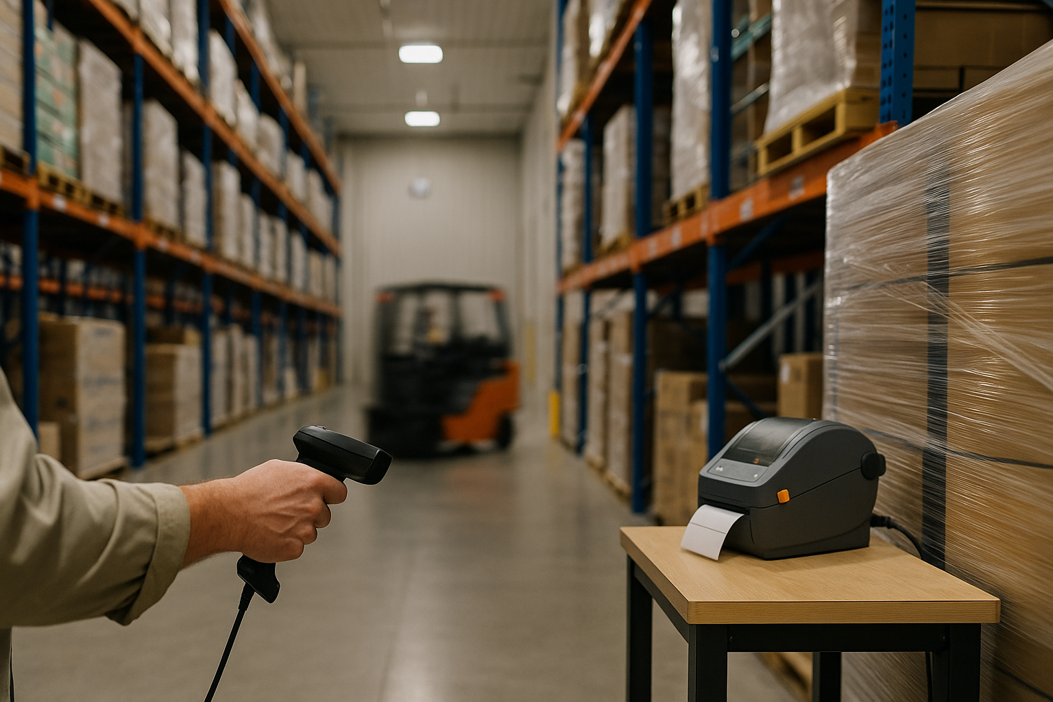 IT Support Georgetown KY — warehouse worker scanning pallets near label printer and Wi-Fi access point
