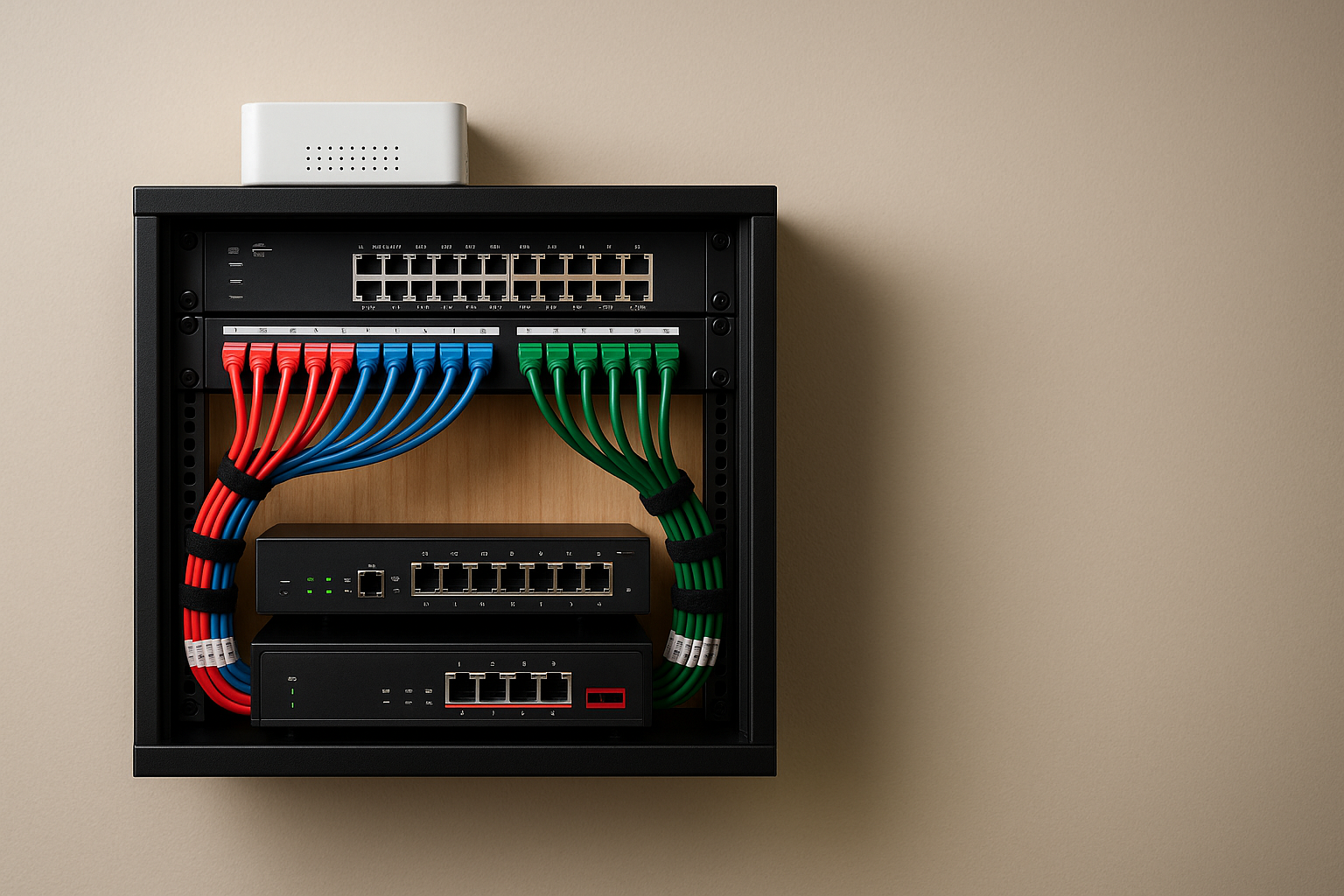 Managed IT Services Georgetown KY — organized small network cabinet with managed switch, firewall, and patch panel